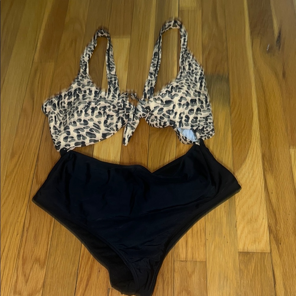 Leopard Print One Piece Top and Black Bottoms